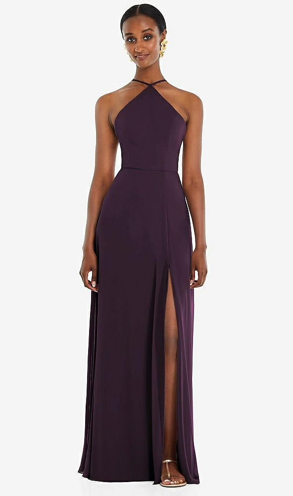 Front View - Aubergine Diamond Halter Maxi Dress with Adjustable Straps