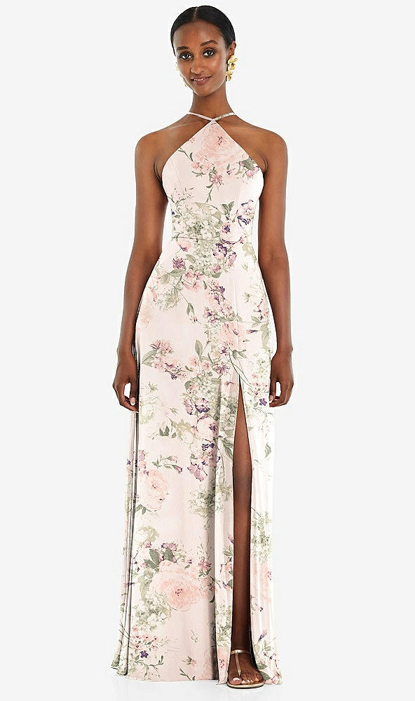 Front View - Blush Garden Diamond Halter Maxi Dress with Adjustable Straps