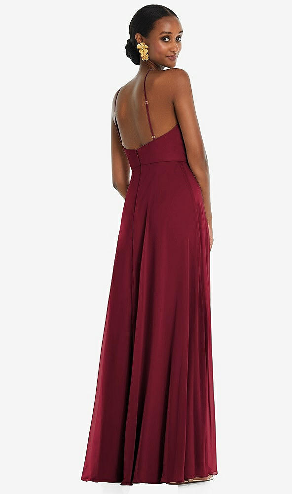 Back View - Burgundy Diamond Halter Maxi Dress with Adjustable Straps