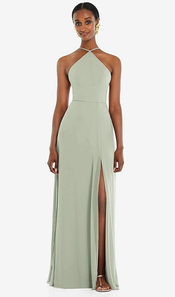 Front View - Celadon Diamond Halter Maxi Dress with Adjustable Straps