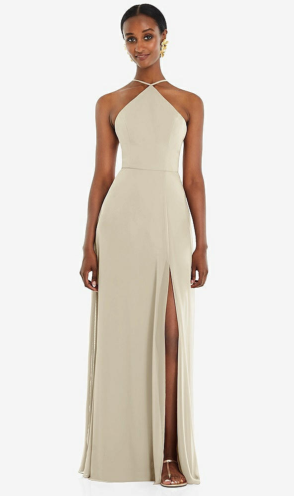 Front View - Champagne Diamond Halter Maxi Dress with Adjustable Straps