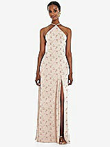 Front View Thumbnail - Coquette Floral Print Diamond Halter Maxi Dress with Adjustable Straps