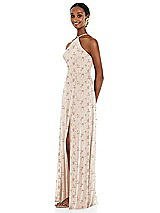 Side View Thumbnail - Coquette Floral Print Diamond Halter Maxi Dress with Adjustable Straps