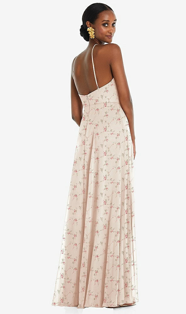 Back View - Coquette Floral Print Diamond Halter Maxi Dress with Adjustable Straps