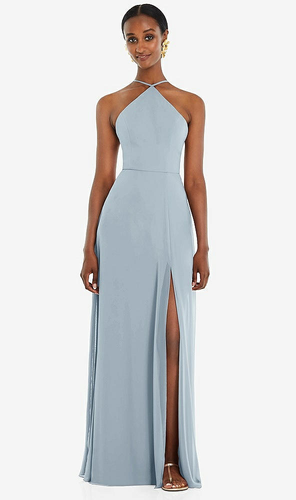 Front View - Mist Diamond Halter Maxi Dress with Adjustable Straps