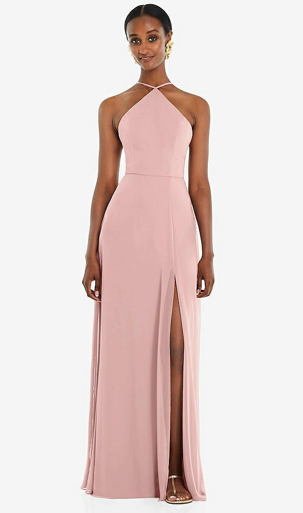 Front View - Rose - PANTONE Rose Quartz Diamond Halter Maxi Dress with Adjustable Straps