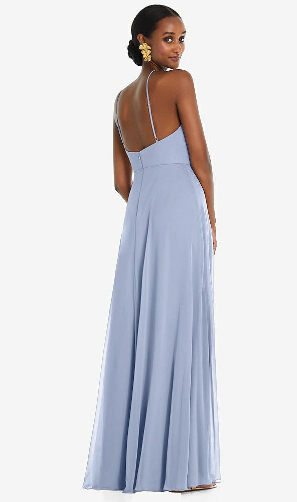 Back View - Sky Blue Diamond Halter Maxi Dress with Adjustable Straps