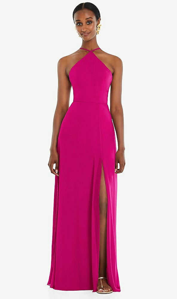 Front View - Think Pink Diamond Halter Maxi Dress with Adjustable Straps