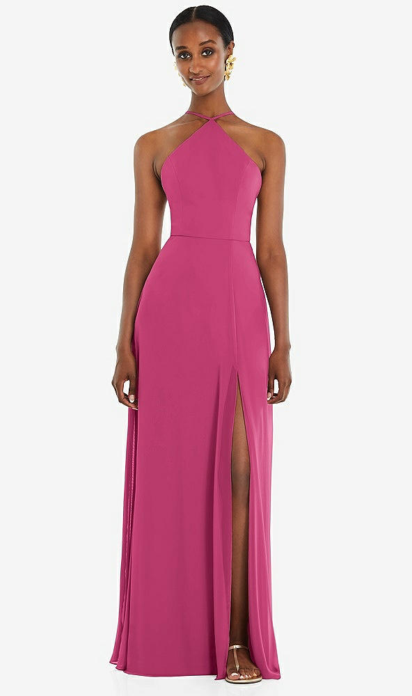 Front View - Tea Rose Diamond Halter Maxi Dress with Adjustable Straps