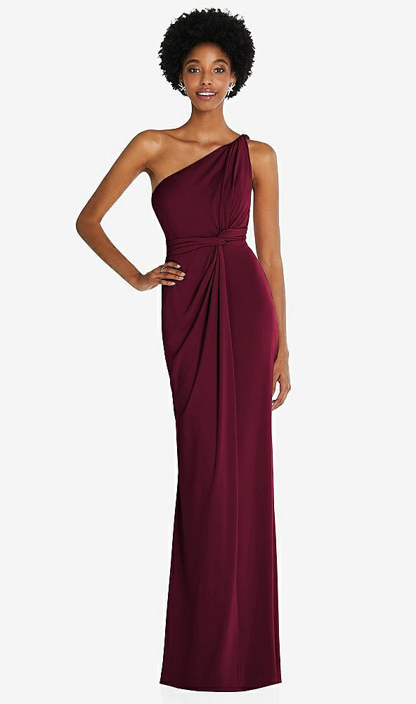 Front View - Cabernet One-Shoulder Twist Draped Maxi Dress