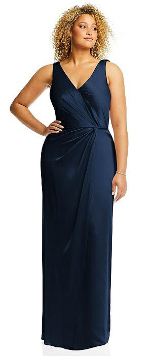 Faux Wrap Whisper Satin Maxi Dress with Draped Tulip Skirt