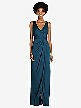 Alt View 1 Thumbnail - Atlantic Blue Faux Wrap Whisper Satin Maxi Dress with Draped Tulip Skirt