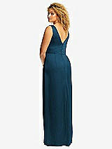 Rear View Thumbnail - Atlantic Blue Faux Wrap Whisper Satin Maxi Dress with Draped Tulip Skirt