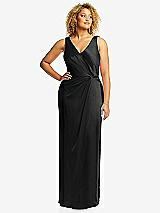 Front View Thumbnail - Black Faux Wrap Whisper Satin Maxi Dress with Draped Tulip Skirt