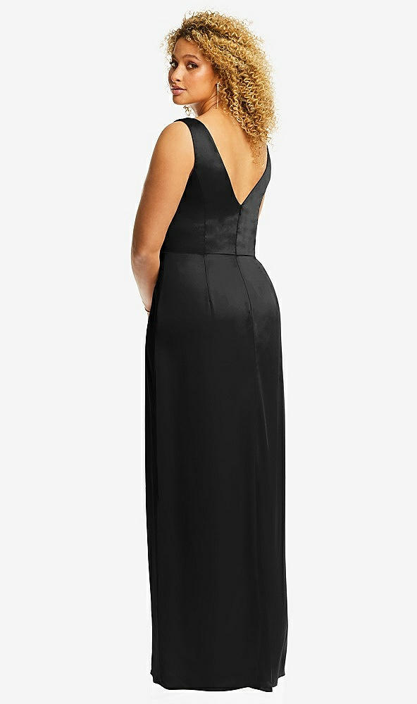 Back View - Black Faux Wrap Whisper Satin Maxi Dress with Draped Tulip Skirt