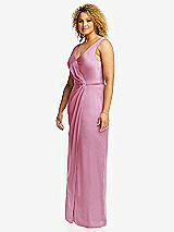 Side View Thumbnail - Powder Pink Faux Wrap Whisper Satin Maxi Dress with Draped Tulip Skirt