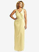 Front View Thumbnail - Pale Yellow Faux Wrap Whisper Satin Maxi Dress with Draped Tulip Skirt