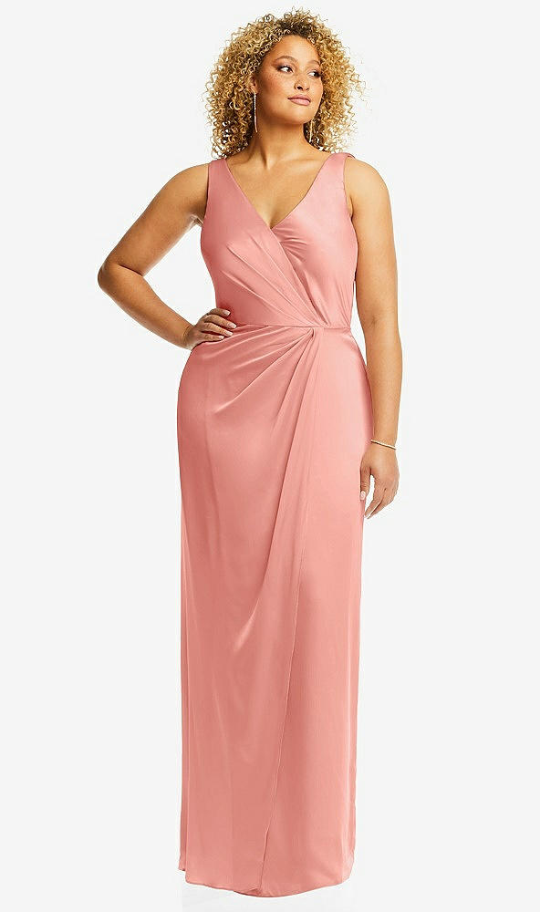 Front View - Rose - PANTONE Rose Quartz Faux Wrap Whisper Satin Maxi Dress with Draped Tulip Skirt