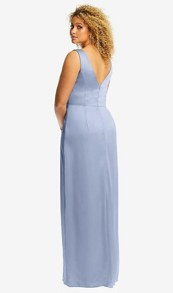 Back View - Sky Blue Faux Wrap Whisper Satin Maxi Dress with Draped Tulip Skirt