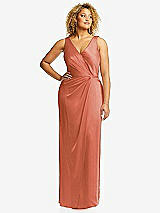 Front View Thumbnail - Terracotta Copper Faux Wrap Whisper Satin Maxi Dress with Draped Tulip Skirt