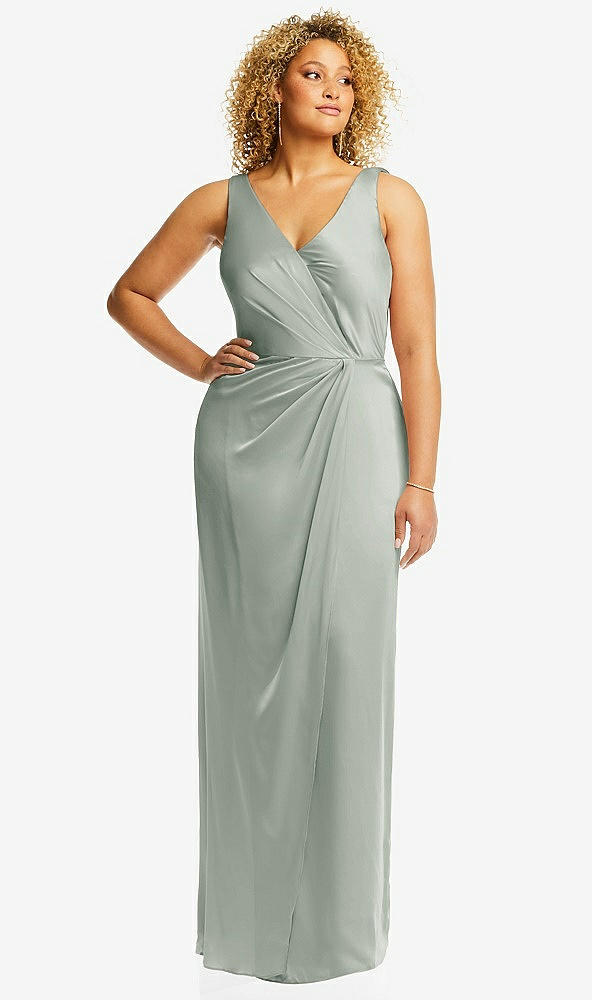 Front View - Willow Green Faux Wrap Whisper Satin Maxi Dress with Draped Tulip Skirt