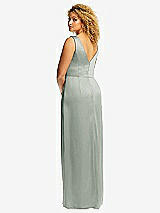 Rear View Thumbnail - Willow Green Faux Wrap Whisper Satin Maxi Dress with Draped Tulip Skirt