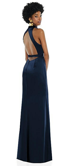 High Neck Backless Maxi Dress with Slim Belt