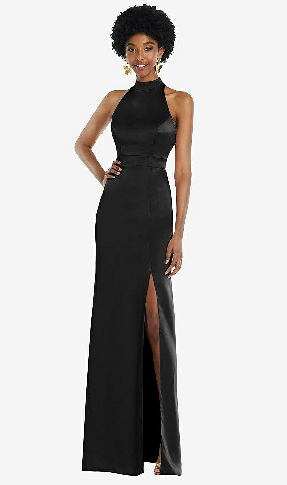 Back View - Black High Neck Backless Maxi Dress with Slim Belt