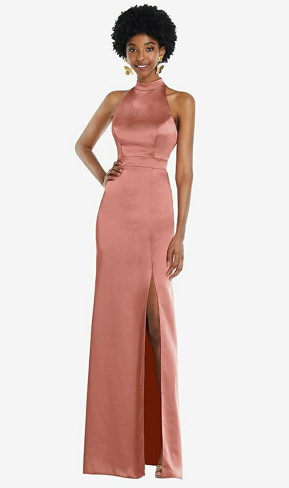 Back View - Desert Rose High Neck Backless Maxi Dress with Slim Belt