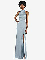 Rear View Thumbnail - Mist High Neck Backless Maxi Dress with Slim Belt