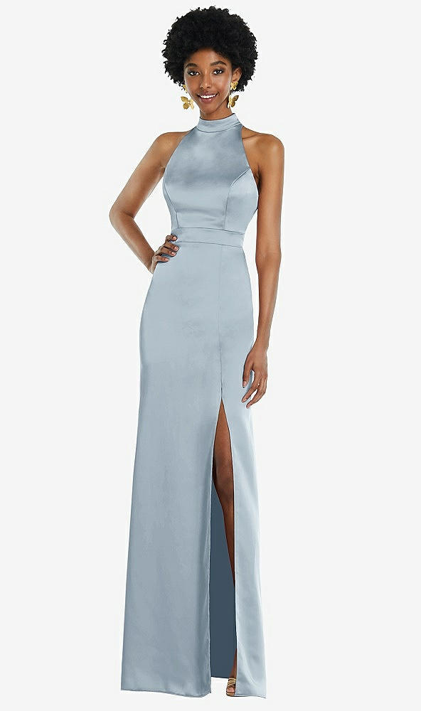 Back View - Mist High Neck Backless Maxi Dress with Slim Belt