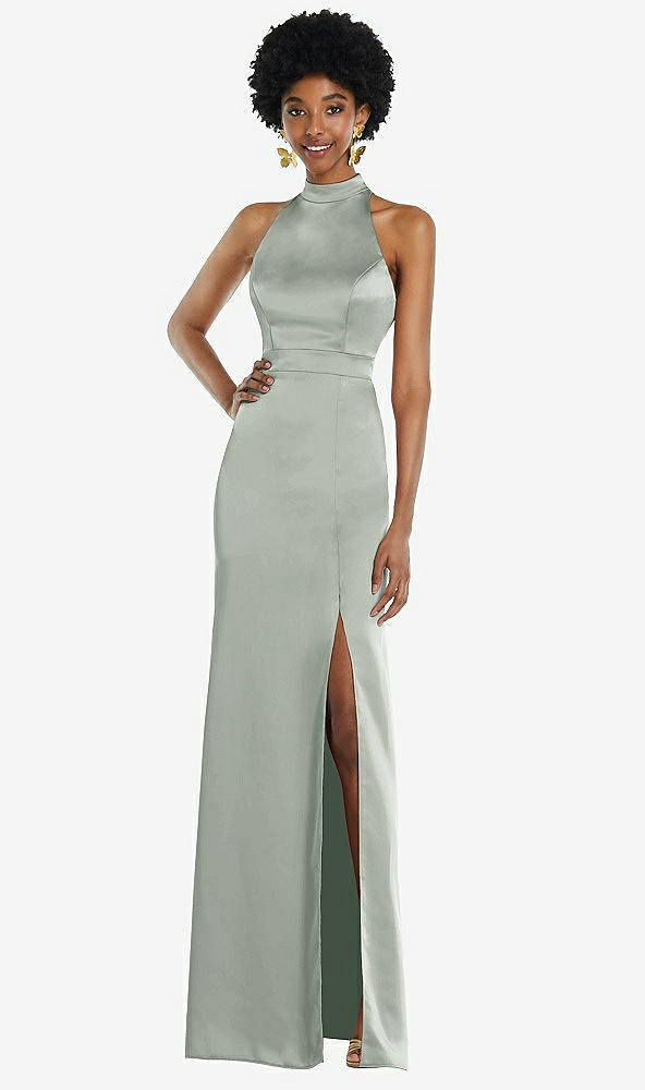 Back View - Willow Green High Neck Backless Maxi Dress with Slim Belt