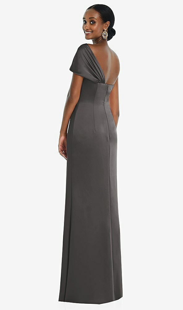 Back View - Caviar Gray Twist Cuff One-Shoulder Princess Line Trumpet Gown