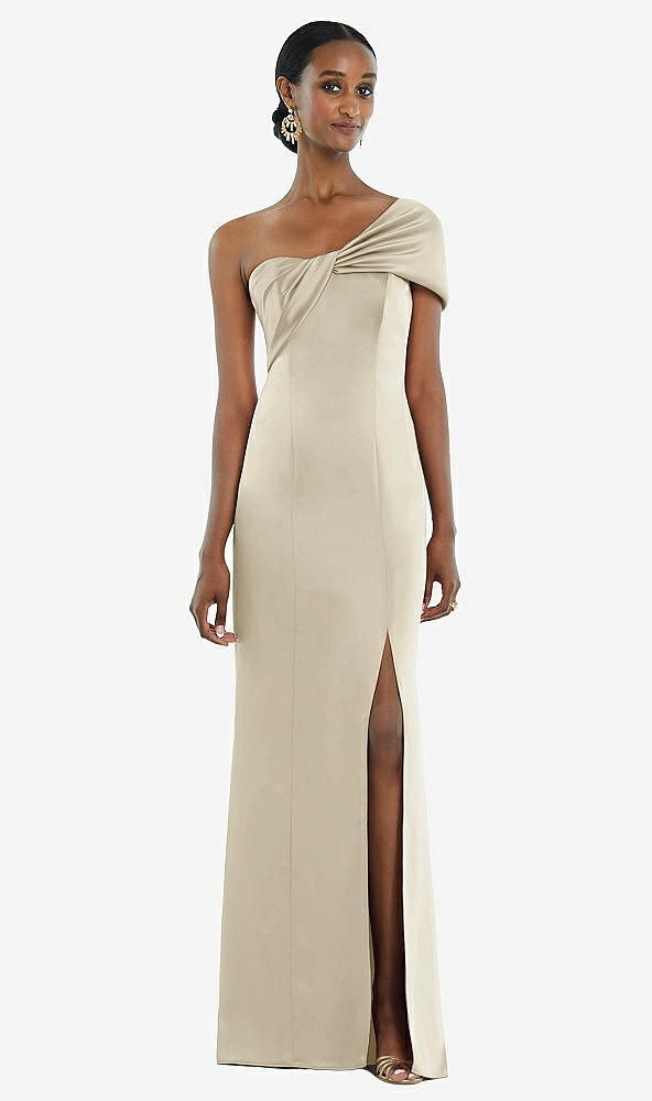 Front View - Champagne Twist Cuff One-Shoulder Princess Line Trumpet Gown