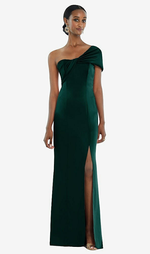 Front View - Evergreen Twist Cuff One-Shoulder Princess Line Trumpet Gown