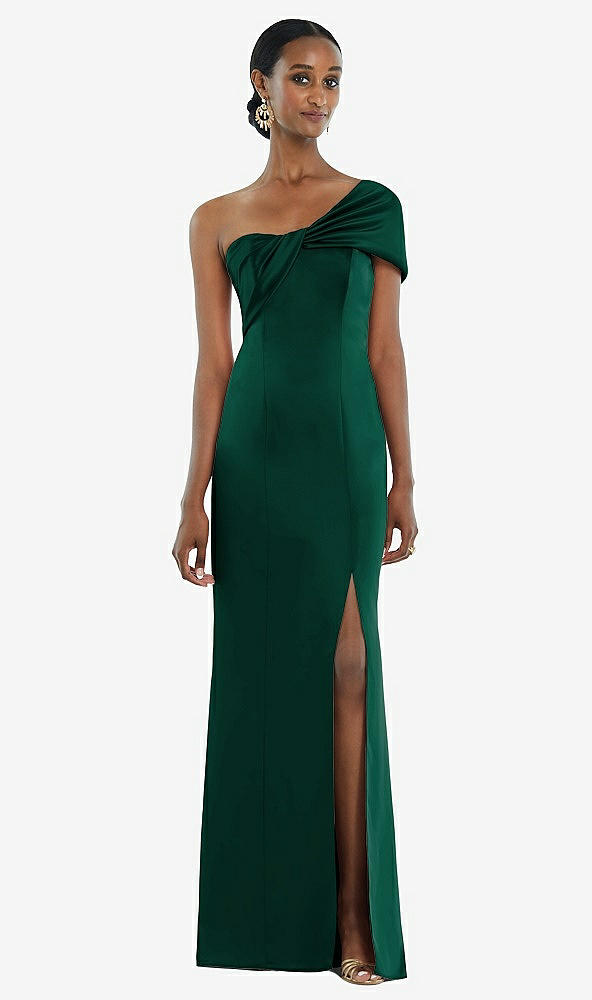 Front View - Hunter Green Twist Cuff One-Shoulder Princess Line Trumpet Gown