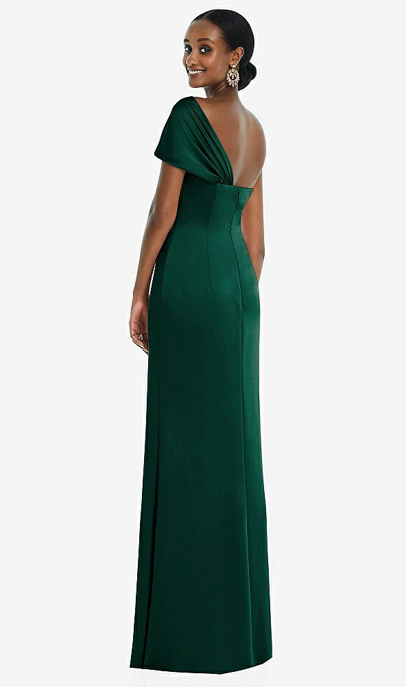 Back View - Hunter Green Twist Cuff One-Shoulder Princess Line Trumpet Gown