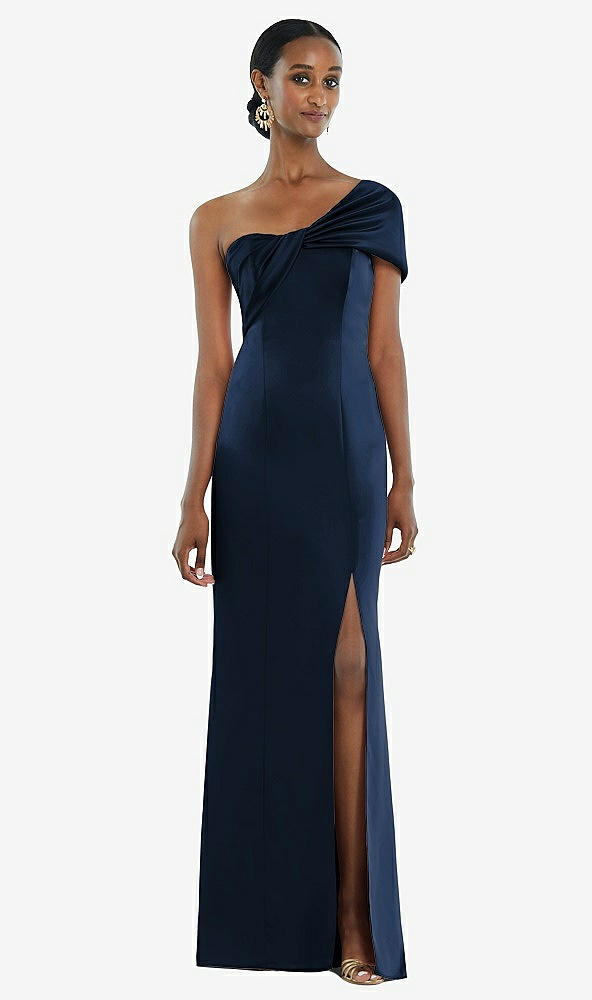 Front View - Midnight Navy Twist Cuff One-Shoulder Princess Line Trumpet Gown