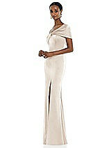 Side View Thumbnail - Oat Twist Cuff One-Shoulder Princess Line Trumpet Gown