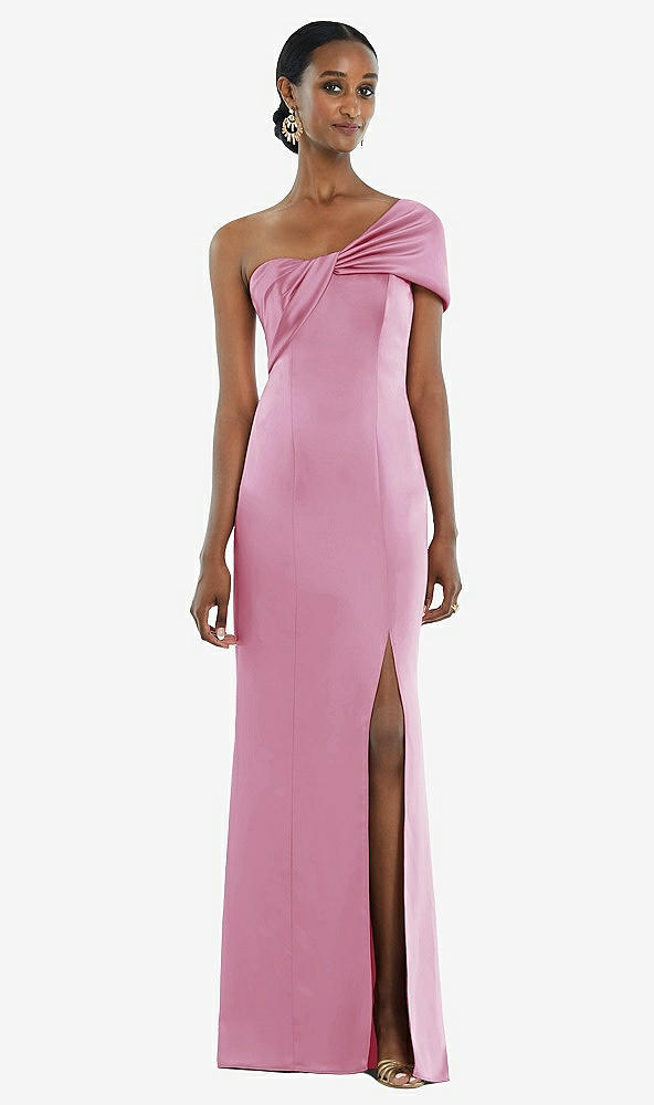 Front View - Powder Pink Twist Cuff One-Shoulder Princess Line Trumpet Gown