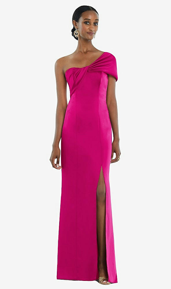 Front View - Think Pink Twist Cuff One-Shoulder Princess Line Trumpet Gown