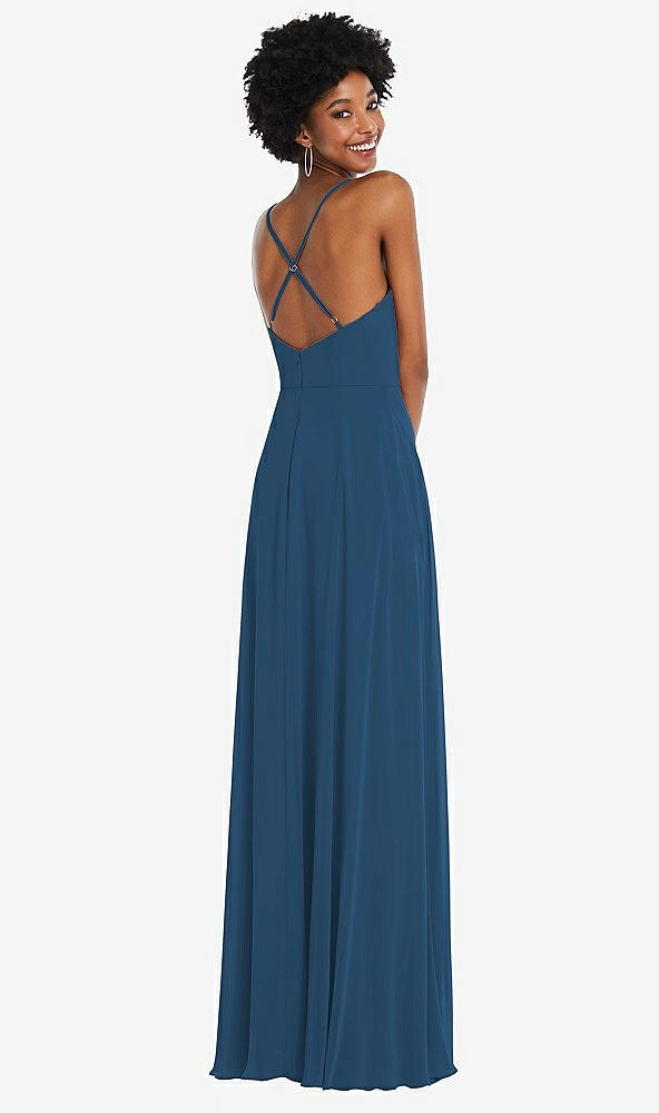 Back View - Dusk Blue Faux Wrap Criss Cross Back Maxi Dress with Adjustable Straps