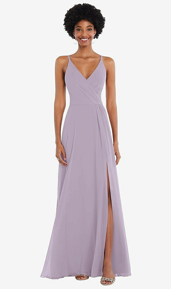 Front View - Lilac Haze Faux Wrap Criss Cross Back Maxi Dress with Adjustable Straps