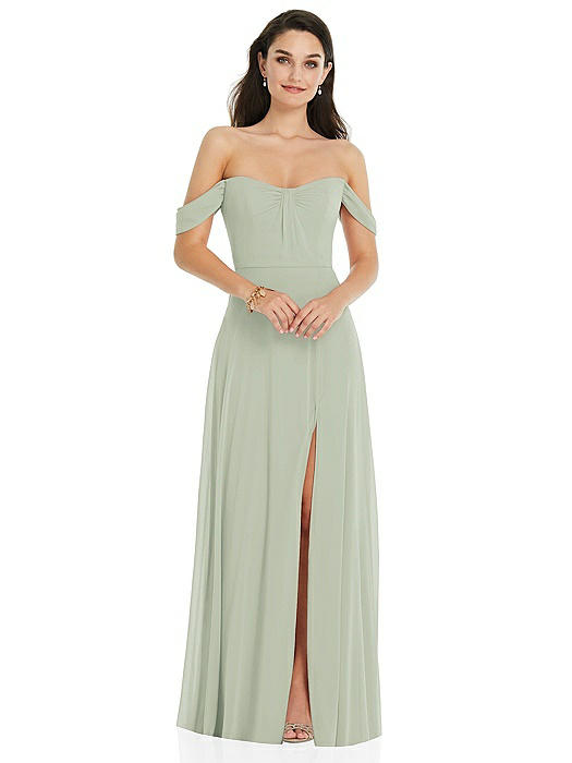 Off-the-Shoulder Draped Sleeve Maxi Dress with Front Slit