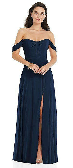 Off-the-Shoulder Draped Sleeve Maxi Dress with Front Slit