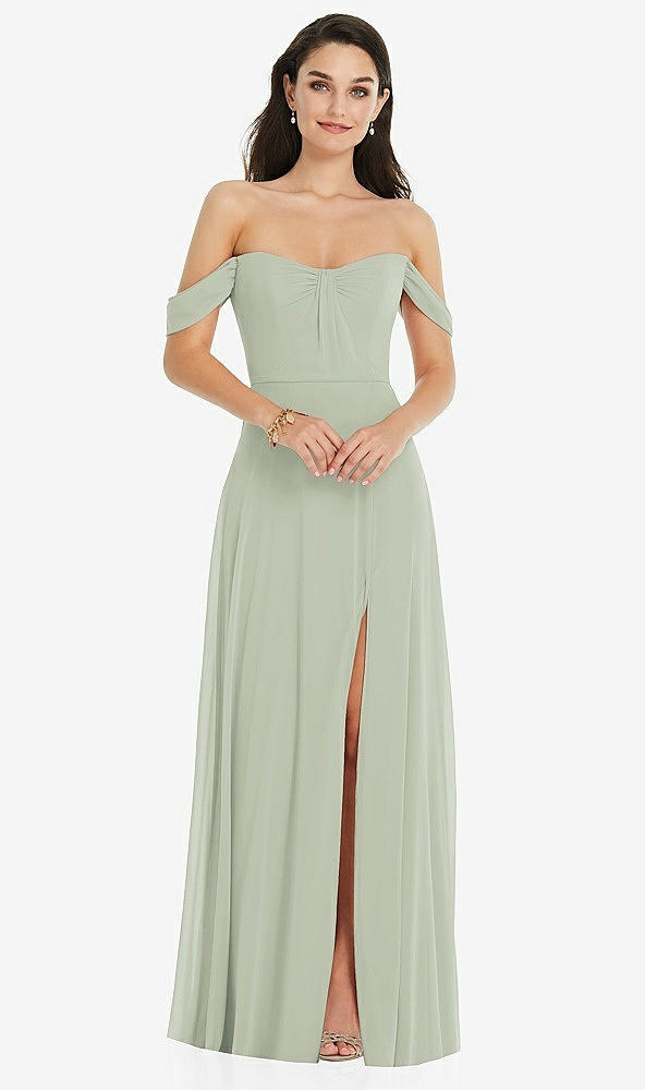 Front View - Celadon Off-the-Shoulder Draped Sleeve Maxi Dress with Front Slit