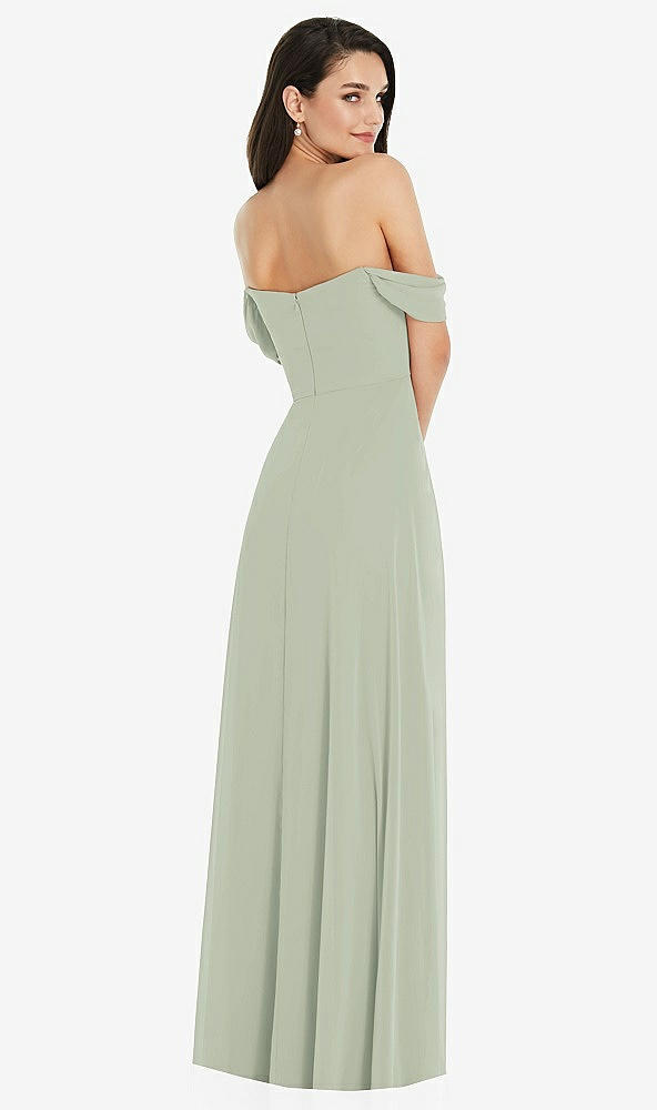 Back View - Celadon Off-the-Shoulder Draped Sleeve Maxi Dress with Front Slit