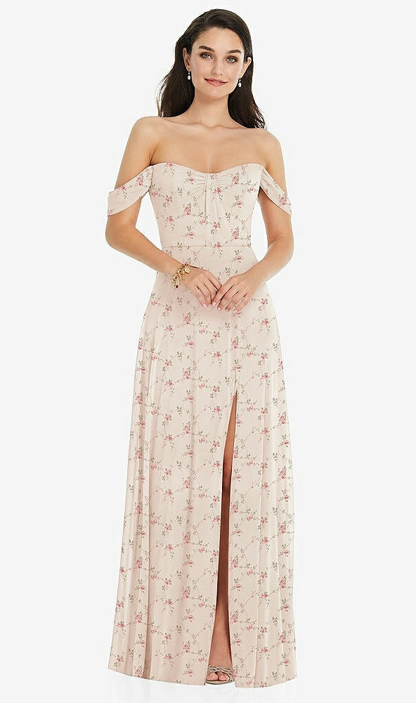 Front View - Coquette Floral Print Off-the-Shoulder Draped Sleeve Maxi Dress with Front Slit