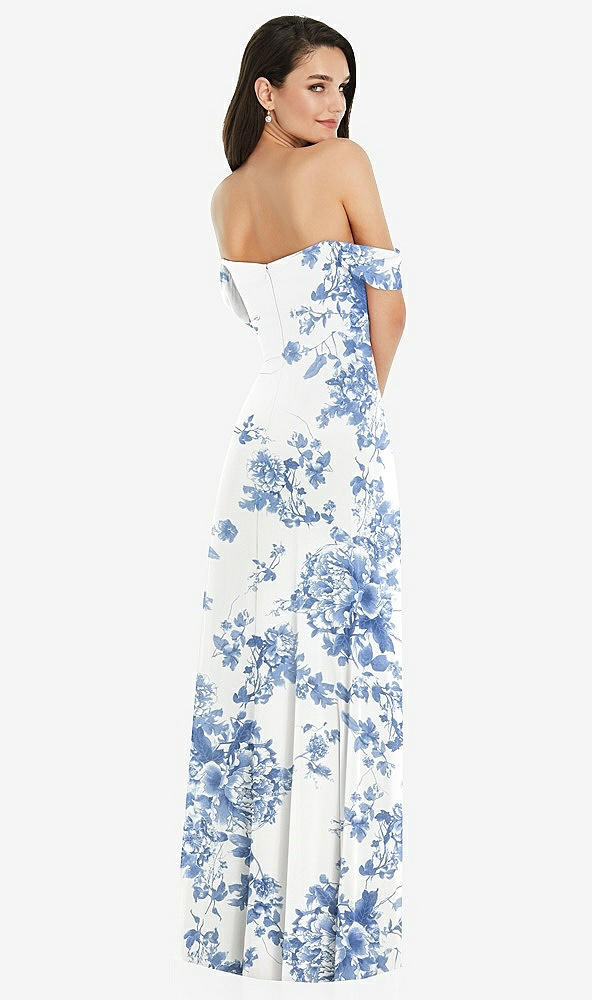 Back View - Cottage Rose Dusk Blue Off-the-Shoulder Draped Sleeve Maxi Dress with Front Slit