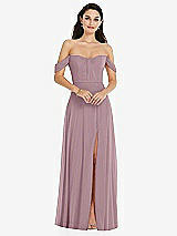 Front View Thumbnail - Dusty Rose Off-the-Shoulder Draped Sleeve Maxi Dress with Front Slit